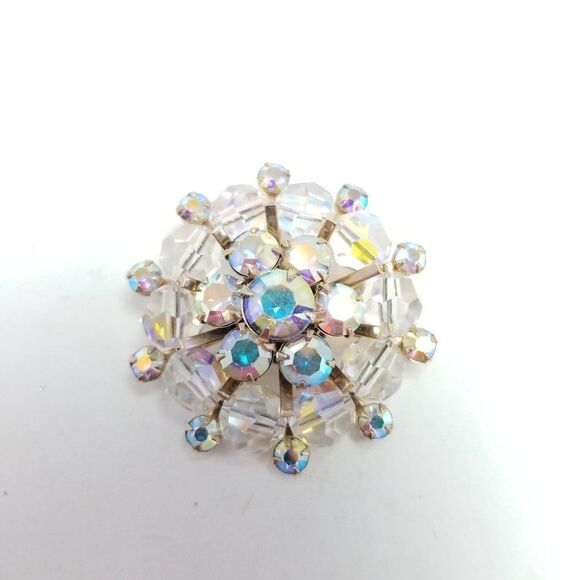 Vintage Rhinestone and AB Crystal Cluster Snowflake Brooch Lapel Pin, Estate - Picture 2 of 6